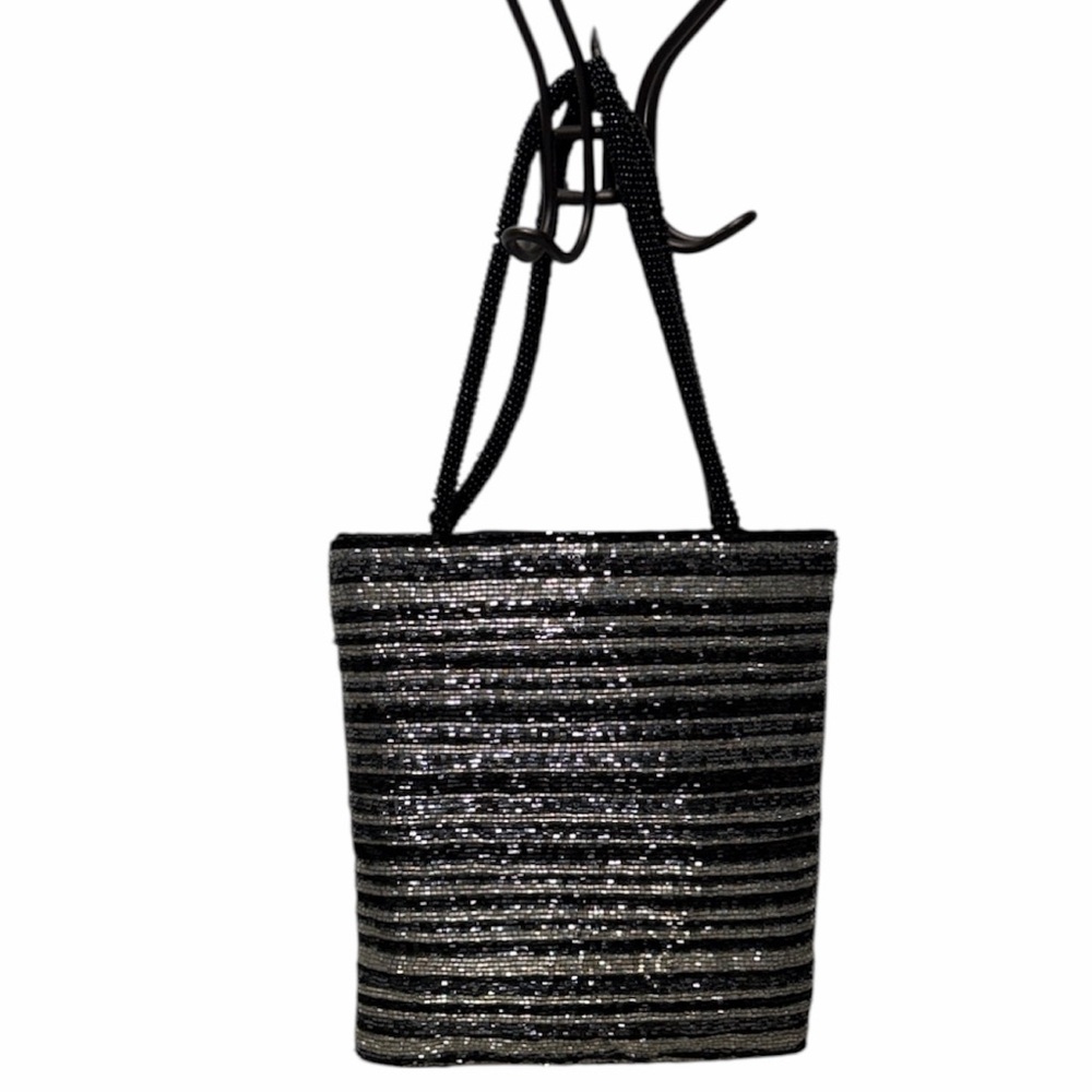 Vintage Elegant Black and Silver Sequin beaded Tote Bag handbag purse